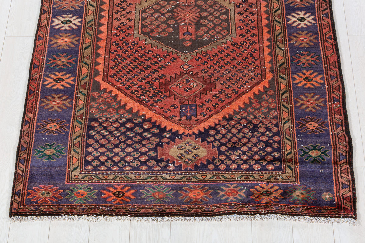 Antique Rust Red, Blue Hand-Knotted Wool Rug – 6' 3" x 4' 2" (190 x 126 cm)
