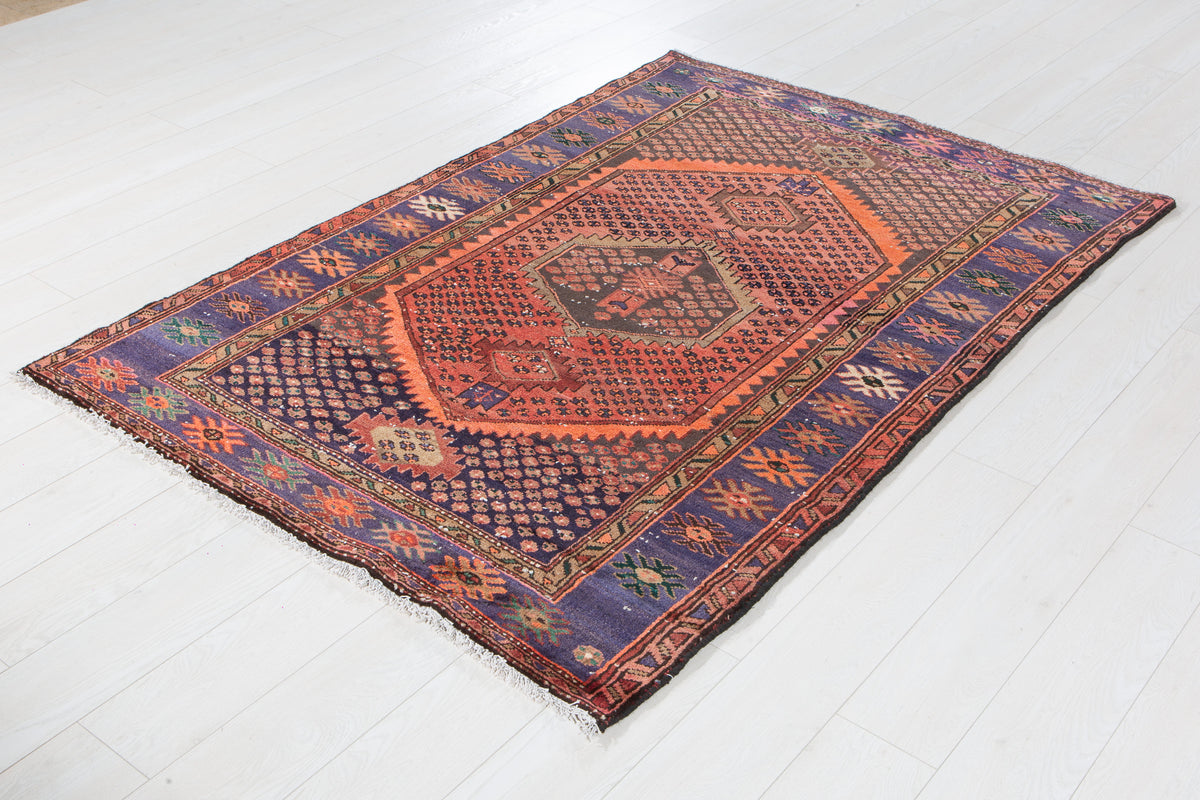 Antique Rust Red, Blue Hand-Knotted Wool Rug – 6' 3" x 4' 2" (190 x 126 cm)