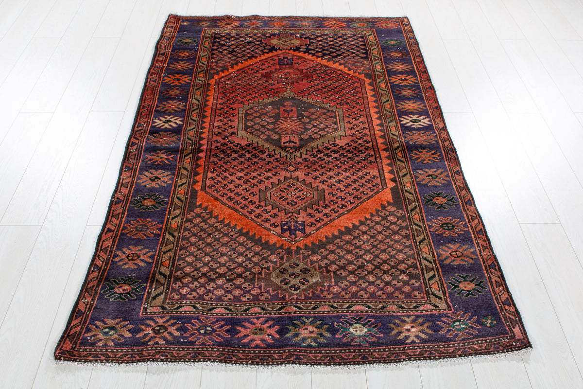 Antique Rust Red, Blue Hand-Knotted Wool Rug – 6' 3" x 4' 2" (190 x 126 cm)