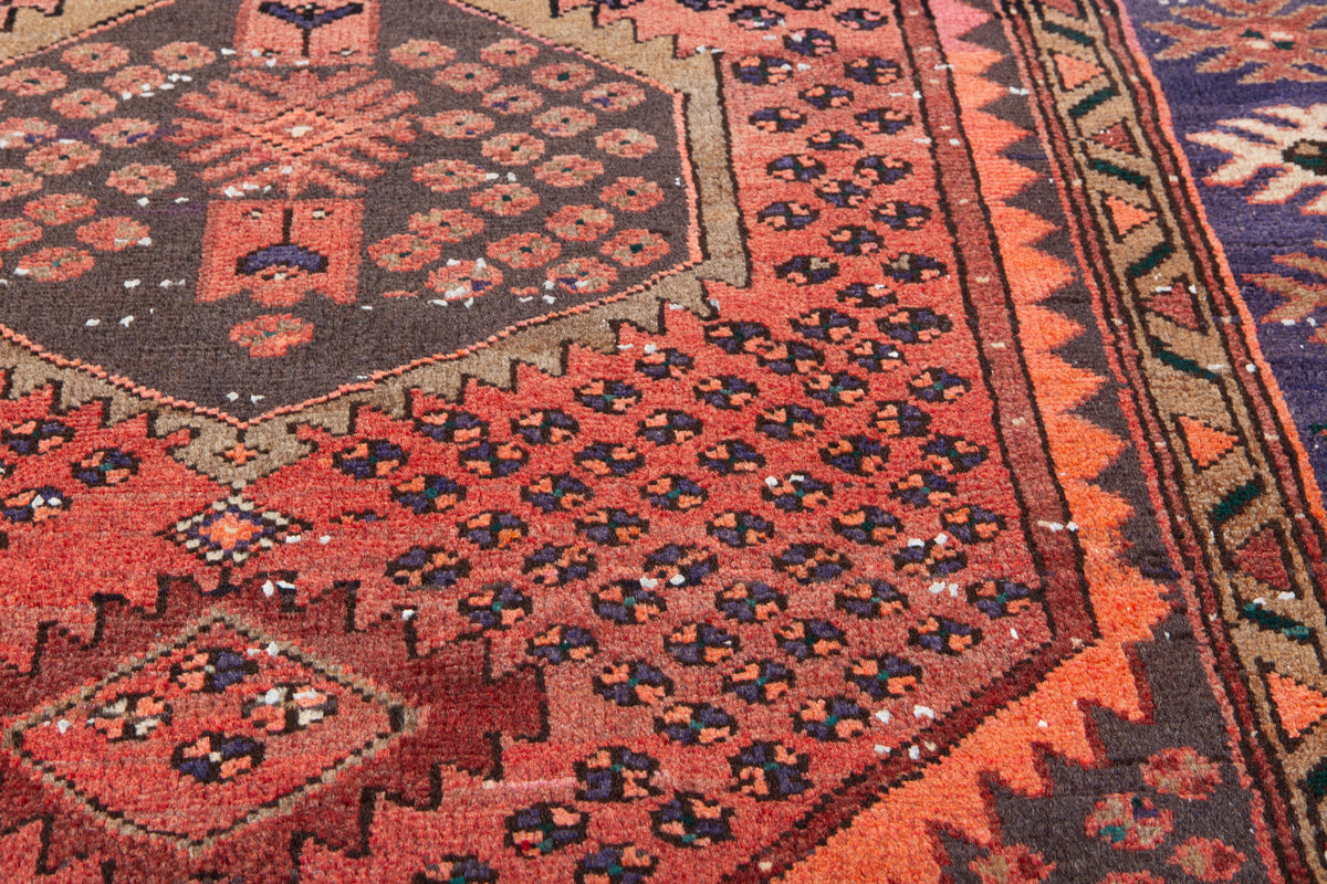 Antique Rust Red, Blue Hand-Knotted Wool Rug – 6' 3" x 4' 2" (190 x 126 cm)