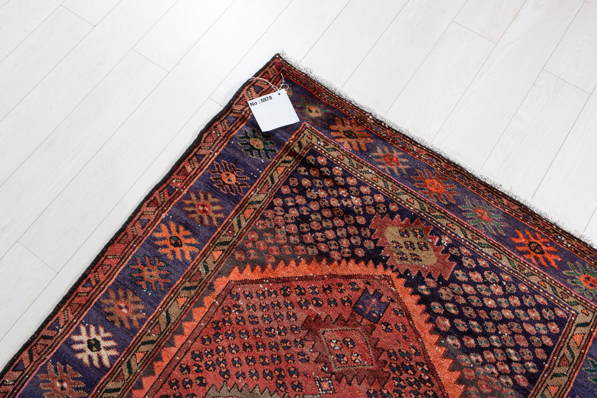 Antique Rust Red, Blue Hand-Knotted Wool Rug – 6' 3" x 4' 2" (190 x 126 cm)