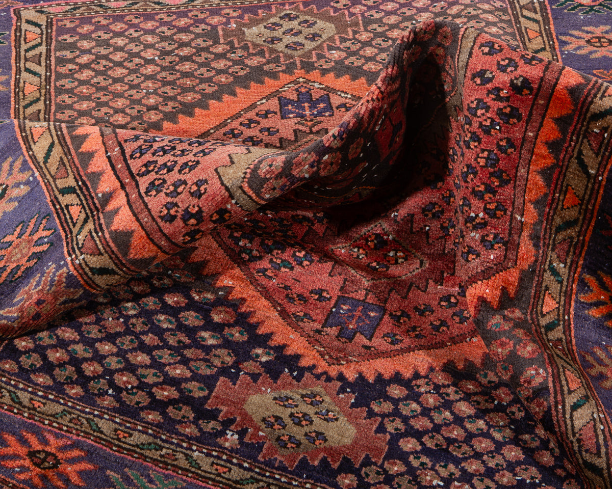 Antique Rust Red, Blue Hand-Knotted Wool Rug – 6' 3" x 4' 2" (190 x 126 cm)