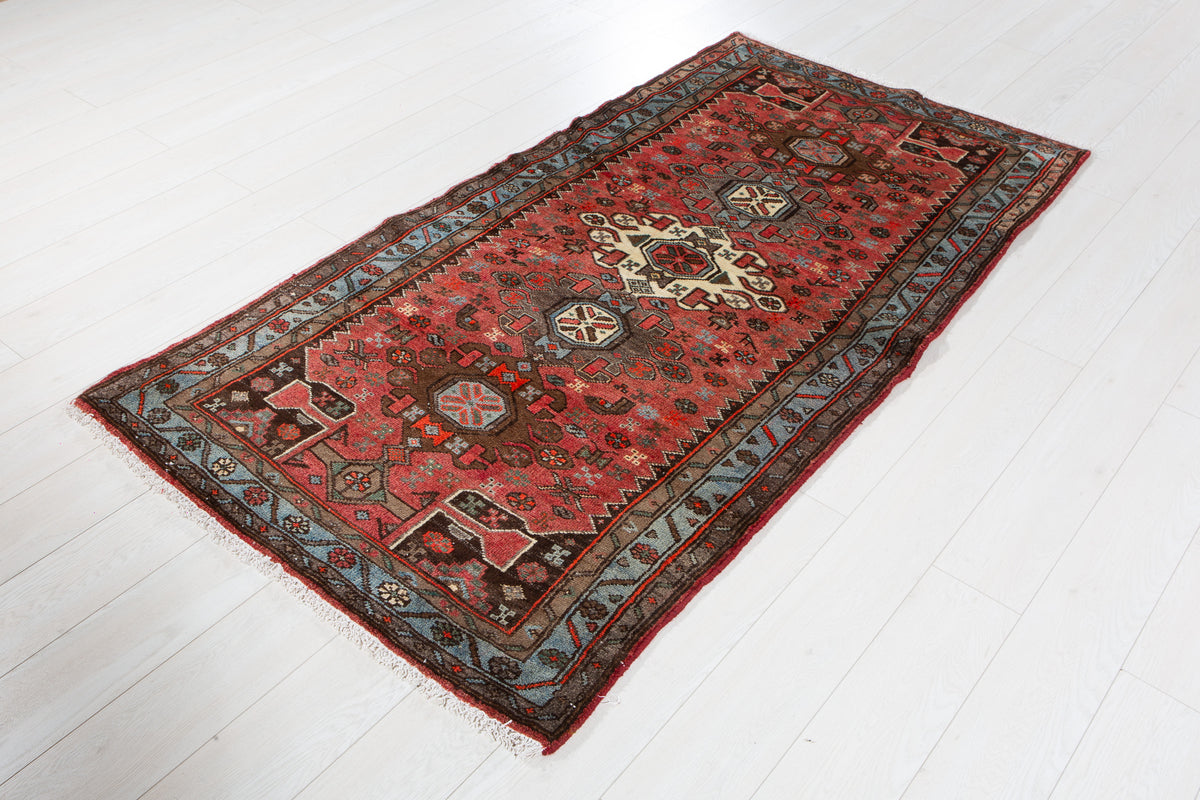 Vintage Red, Blue Hand-Knotted Wool Rug – 6' 6" x 3' 5" (198 x 104 cm)