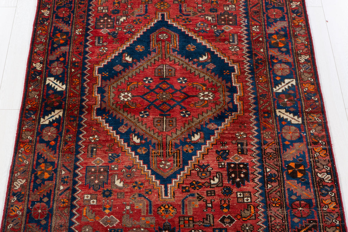 Vintage Red, Navy Blue Hand-Knotted Wool Rug – 6' 10" x 4' 2" (208 x 126 cm)
