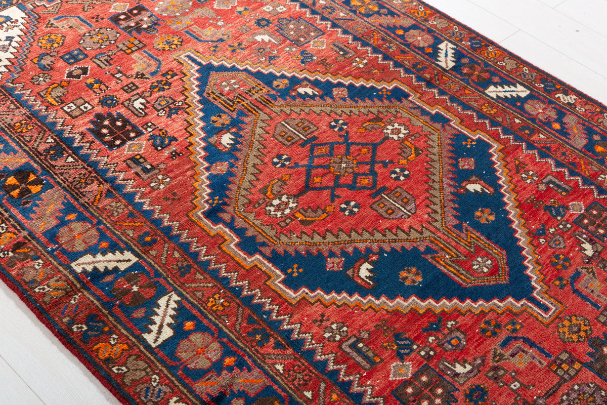 Vintage Red, Navy Blue Hand-Knotted Wool Rug – 6' 10" x 4' 2" (208 x 126 cm)