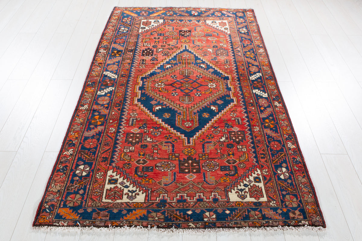 Vintage Red, Navy Blue Hand-Knotted Wool Rug – 6' 10" x 4' 2" (208 x 126 cm)