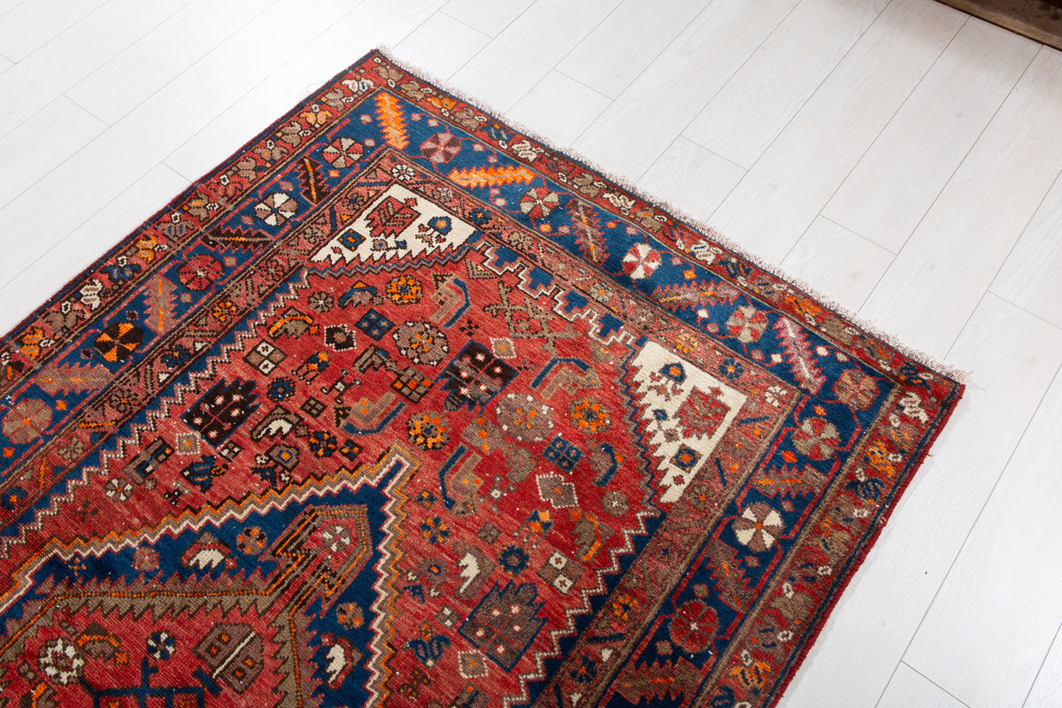 Vintage Red, Navy Blue Hand-Knotted Wool Rug – 6' 10" x 4' 2" (208 x 126 cm)
