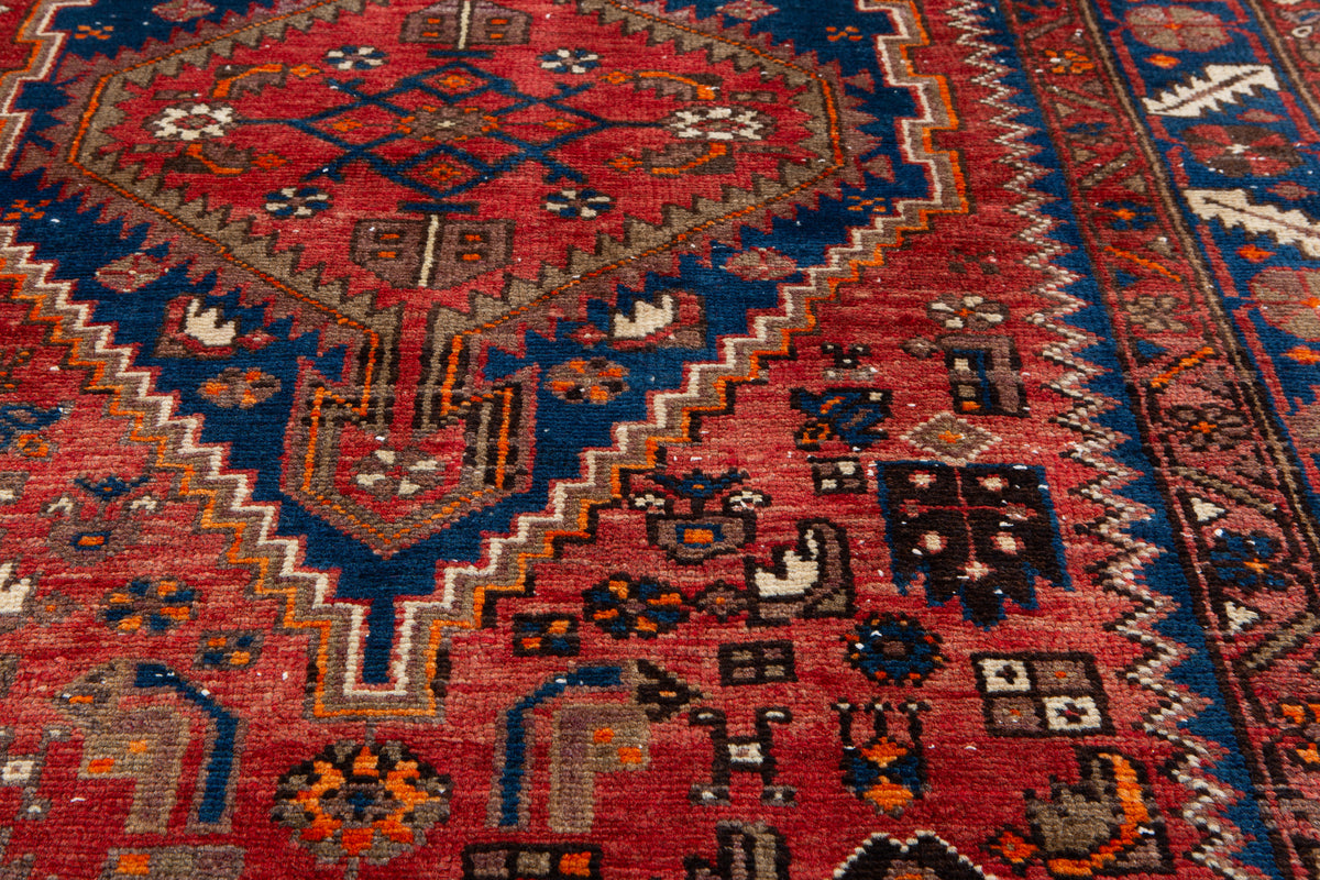 Vintage Red, Navy Blue Hand-Knotted Wool Rug – 6' 10" x 4' 2" (208 x 126 cm)