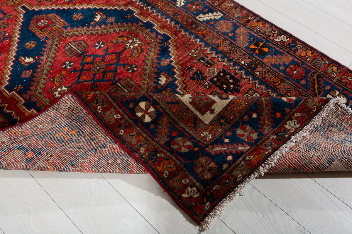 Vintage Red, Navy Blue Hand-Knotted Wool Rug – 6' 10" x 4' 2" (208 x 126 cm)