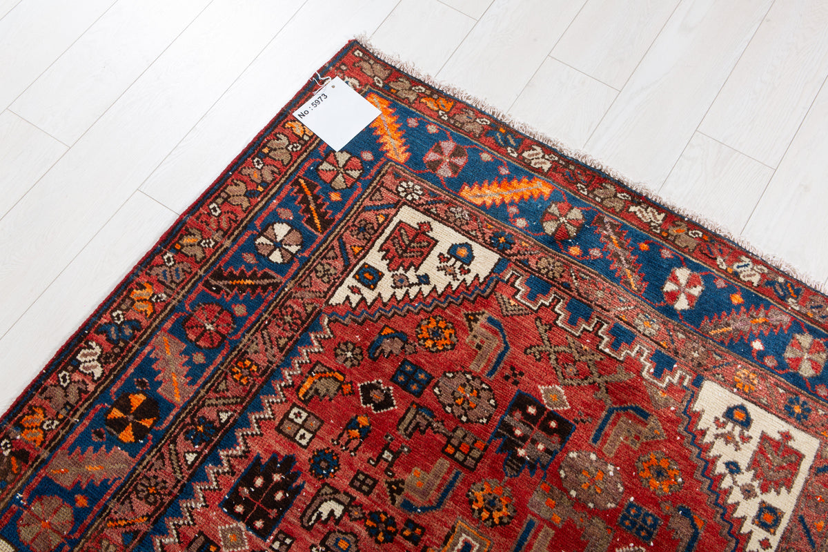 Vintage Red, Navy Blue Hand-Knotted Wool Rug – 6' 10" x 4' 2" (208 x 126 cm)