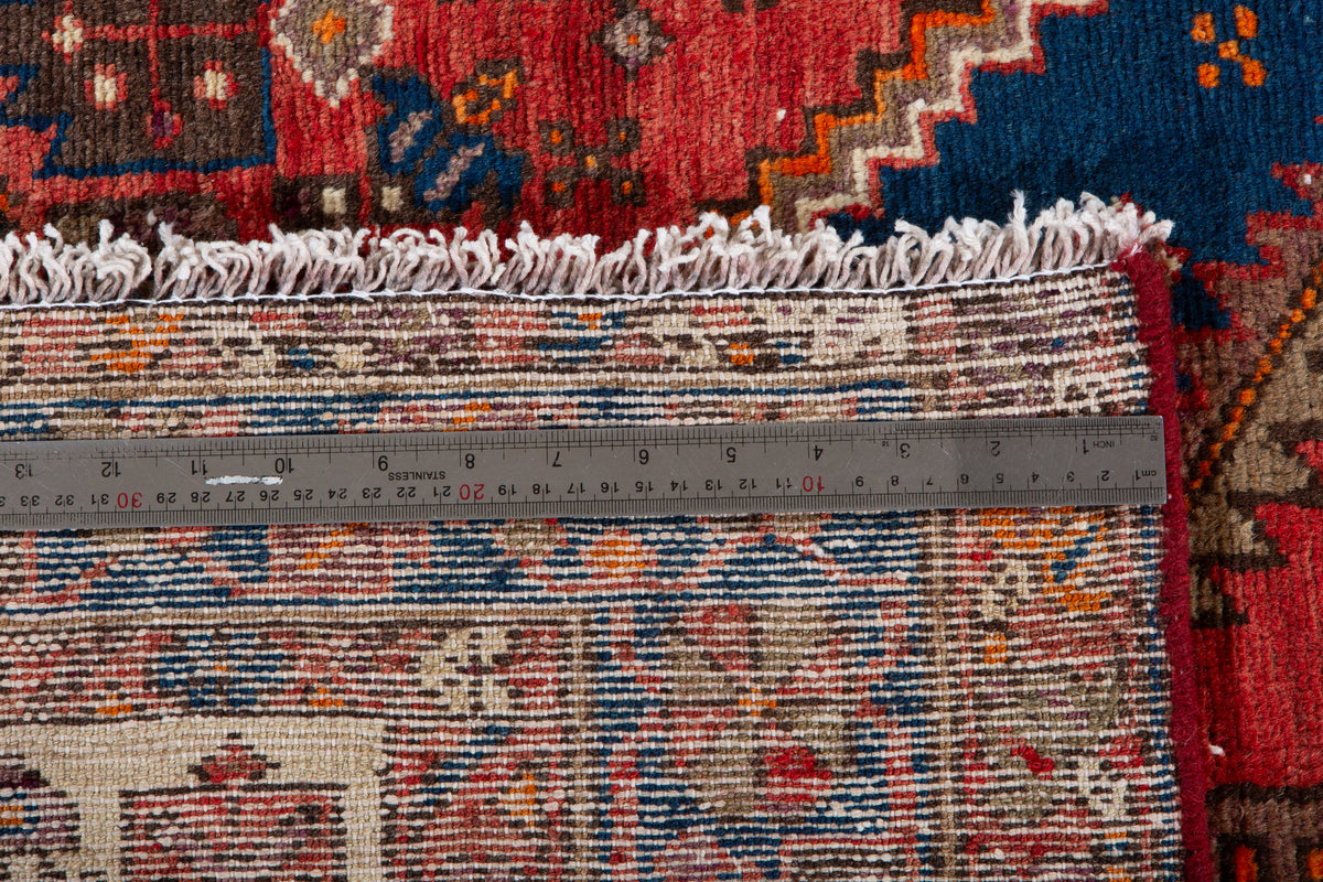 Vintage Red, Navy Blue Hand-Knotted Wool Rug – 6' 10" x 4' 2" (208 x 126 cm)