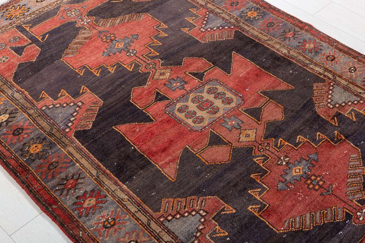 Antique Deep Navy Blue, Red Hand-Knotted Wool Rug – 6' 2" x 4' 2" (188 x 127 cm)