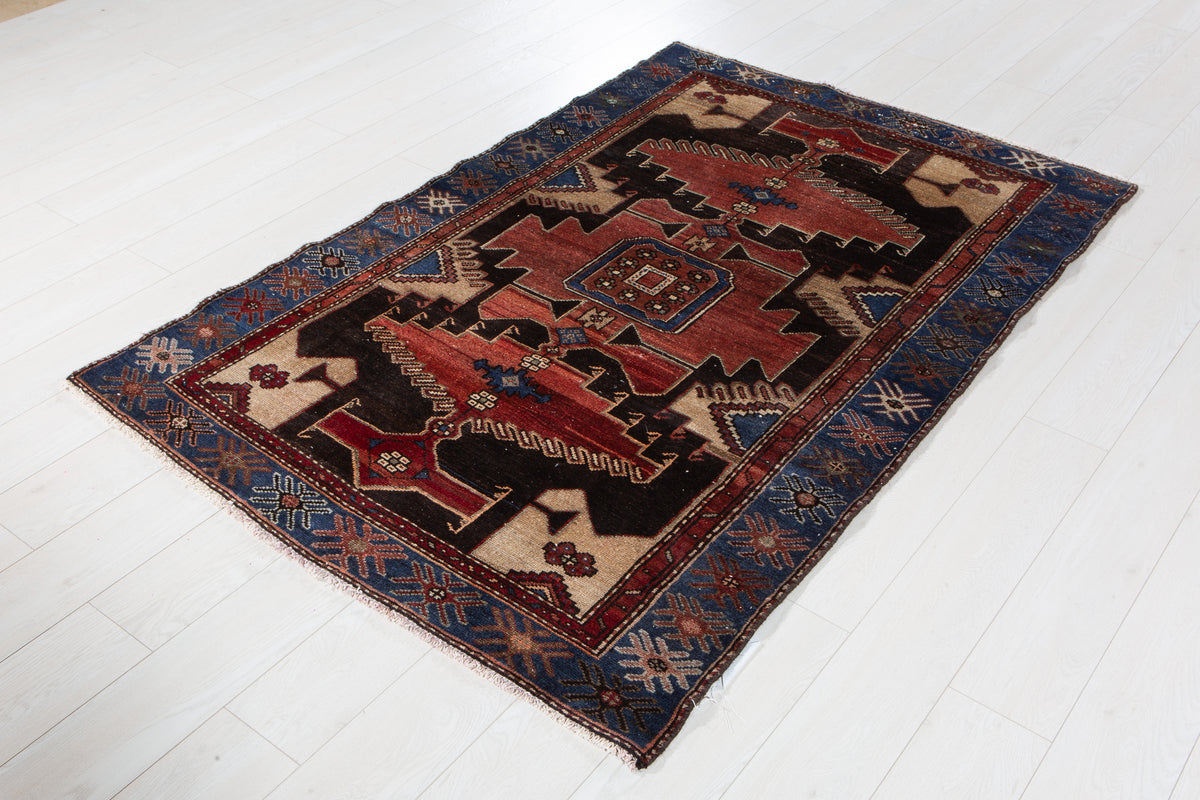 Vintage Rust Red, Blue Hand-Knotted Wool Rug – 6' 1" x 3' 11" (185 x 119 cm)