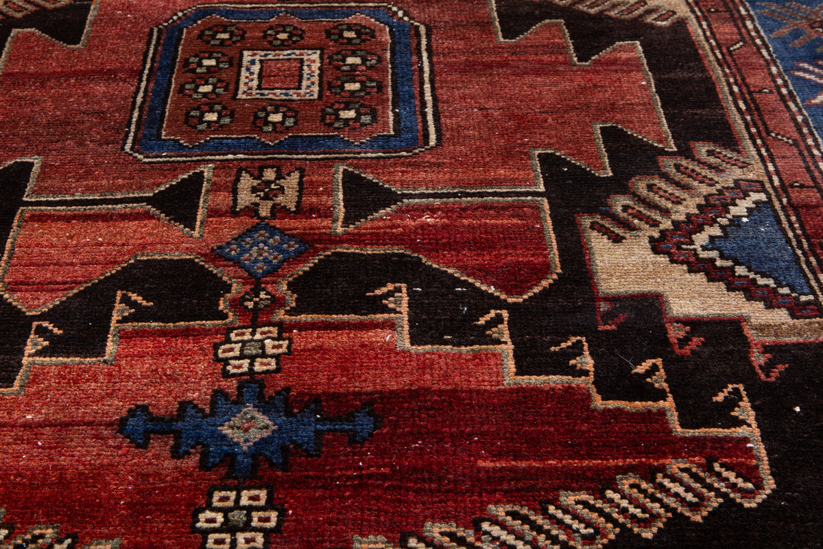 Vintage Rust Red, Blue Hand-Knotted Wool Rug – 6' 1" x 3' 11" (185 x 119 cm)