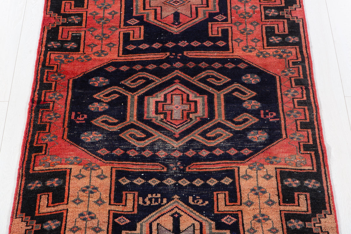 Antique Orange, Navy Blue Hand-Knotted Wool Rug – 6' 5" x 3' 8" (195 x 112 cm)