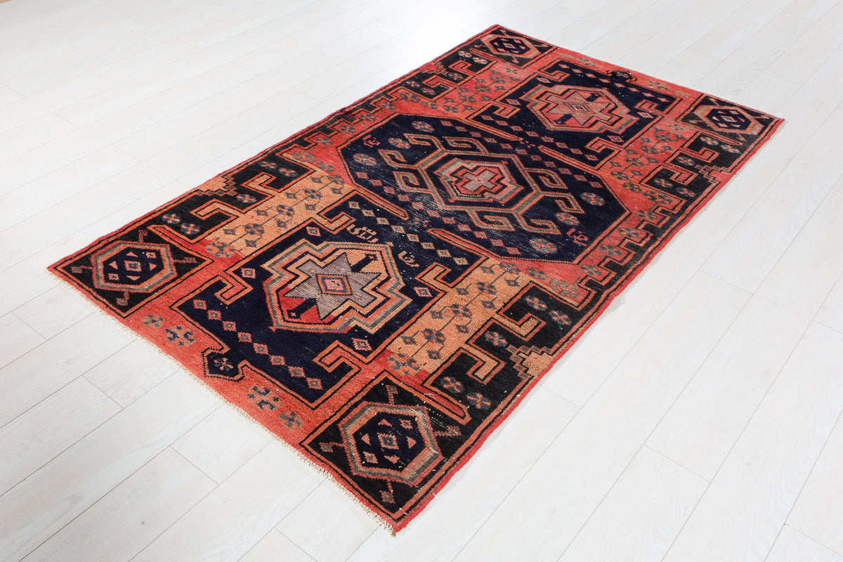 Antique Orange, Navy Blue Hand-Knotted Wool Rug – 6' 5" x 3' 8" (195 x 112 cm)