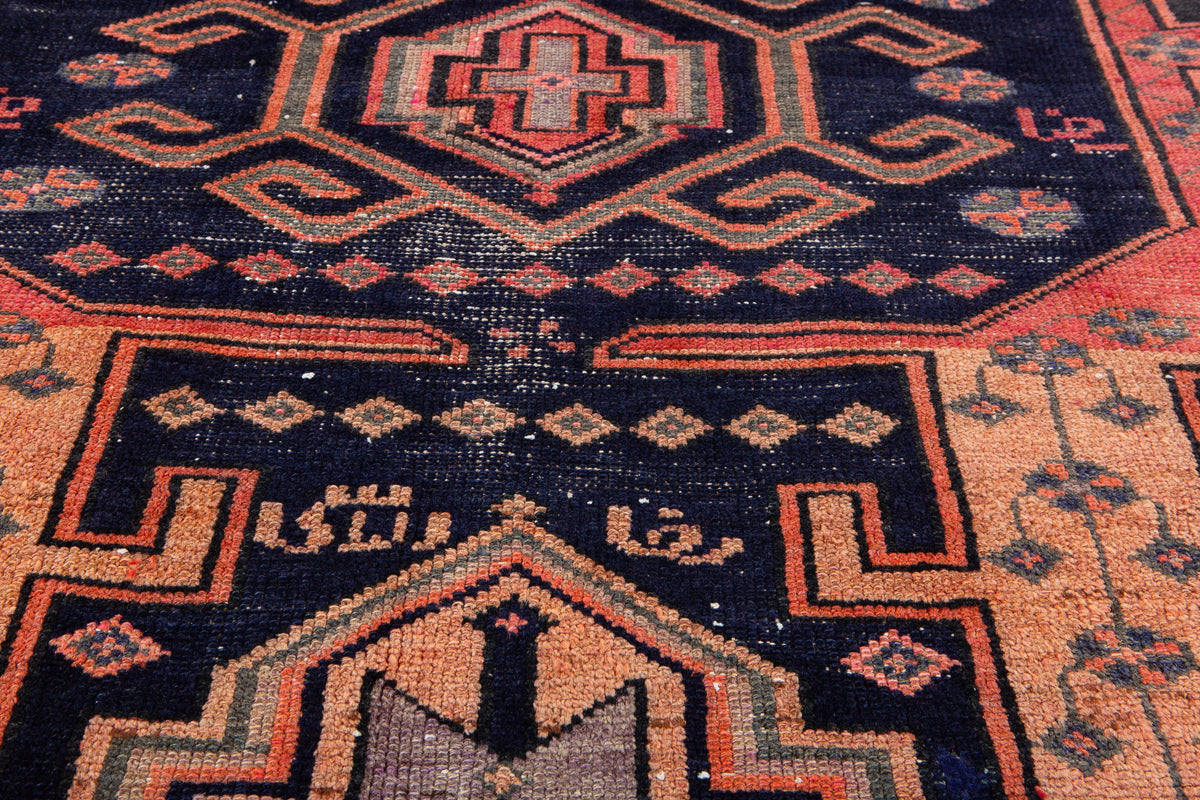 Antique Orange, Navy Blue Hand-Knotted Wool Rug – 6' 5" x 3' 8" (195 x 112 cm)