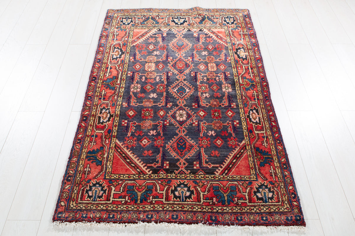 Antique Navy Blue, Red Hand-Knotted Wool Rug – 5' 5" x 3' 5" (166 x 105 cm)
