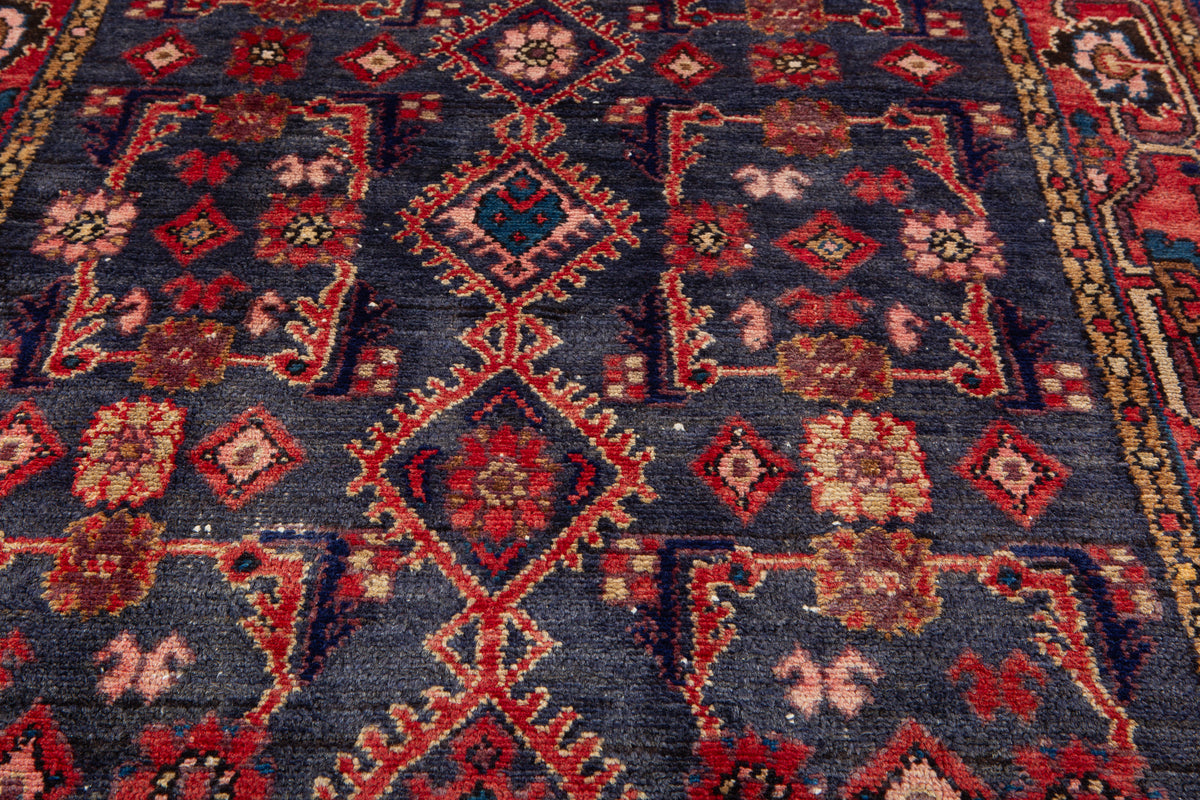 Antique Navy Blue, Red Hand-Knotted Wool Rug – 5' 5" x 3' 5" (166 x 105 cm)
