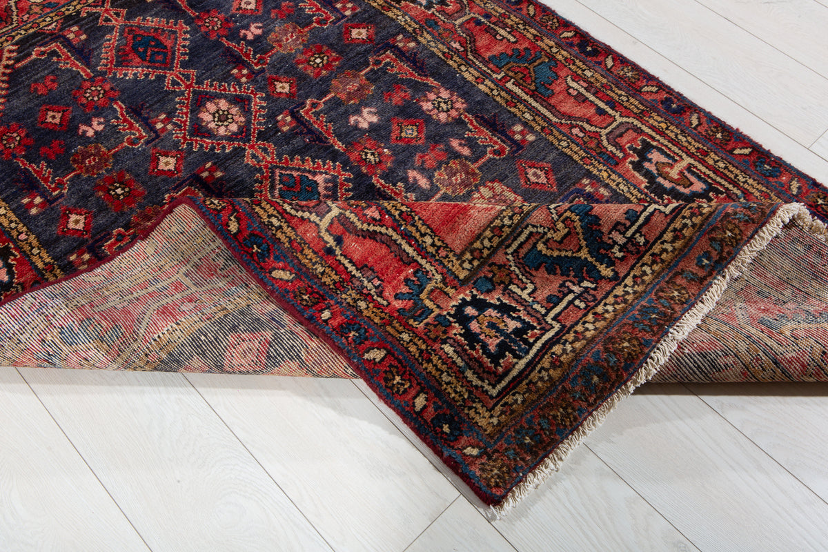 Antique Navy Blue, Red Hand-Knotted Wool Rug – 5' 5" x 3' 5" (166 x 105 cm)