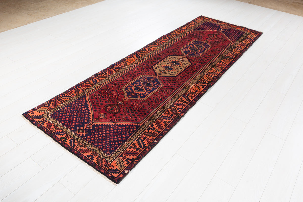 Vintage Geometric Runner Rug, Red & Navy, Orange – 9' 6" x 3' 2" (290 x 96 cm)