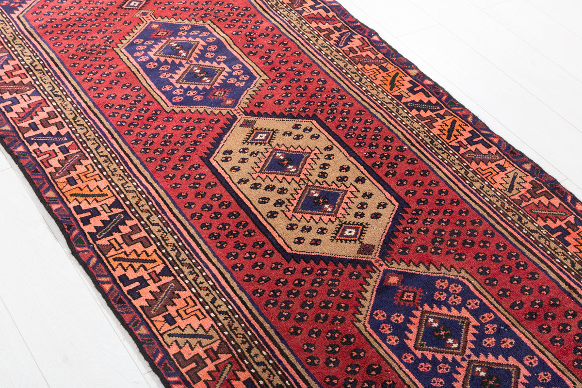 Vintage Geometric Runner Rug, Red & Navy, Orange – 9' 6" x 3' 2" (290 x 96 cm)