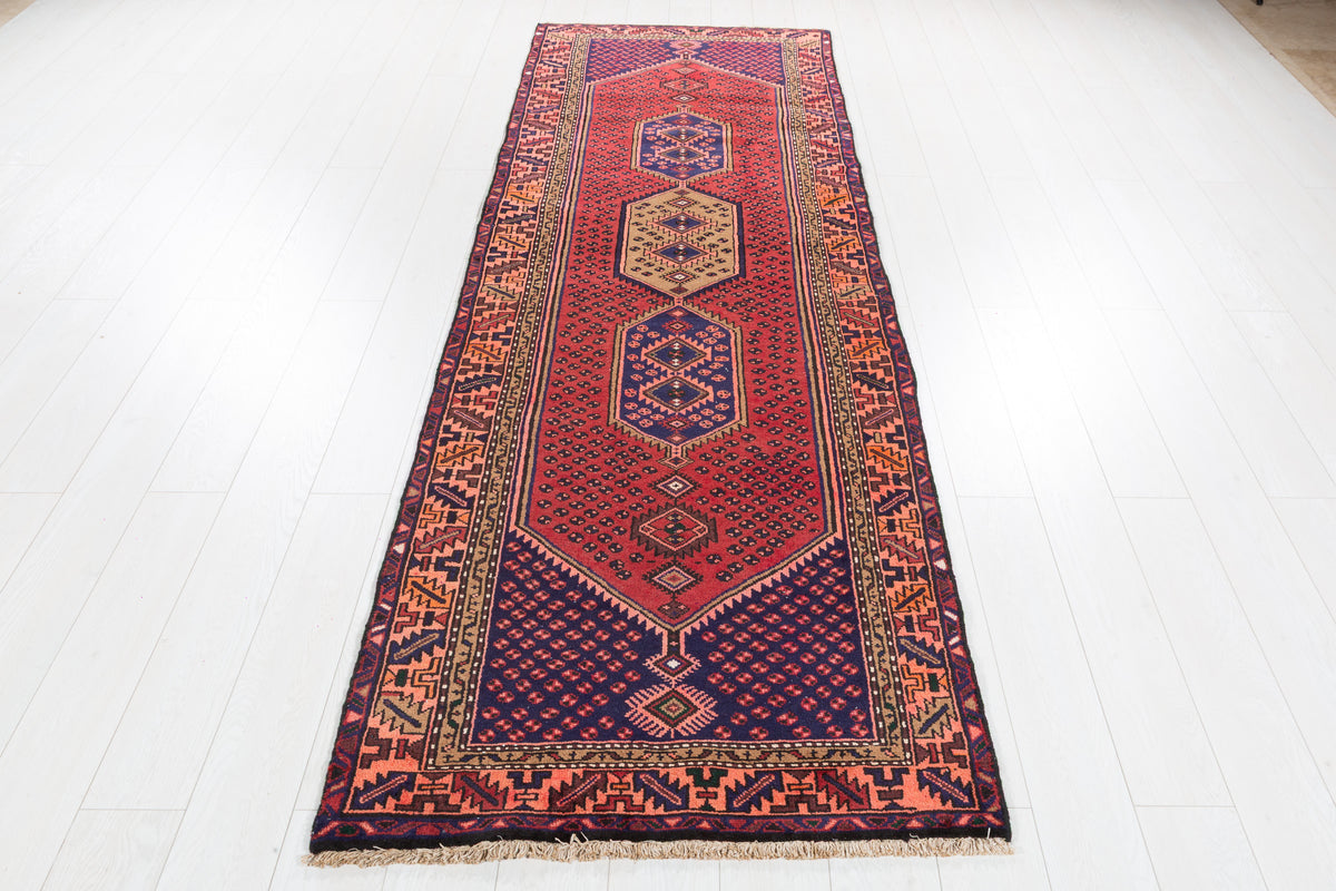 Vintage Geometric Runner Rug, Red & Navy, Orange – 9' 6" x 3' 2" (290 x 96 cm)