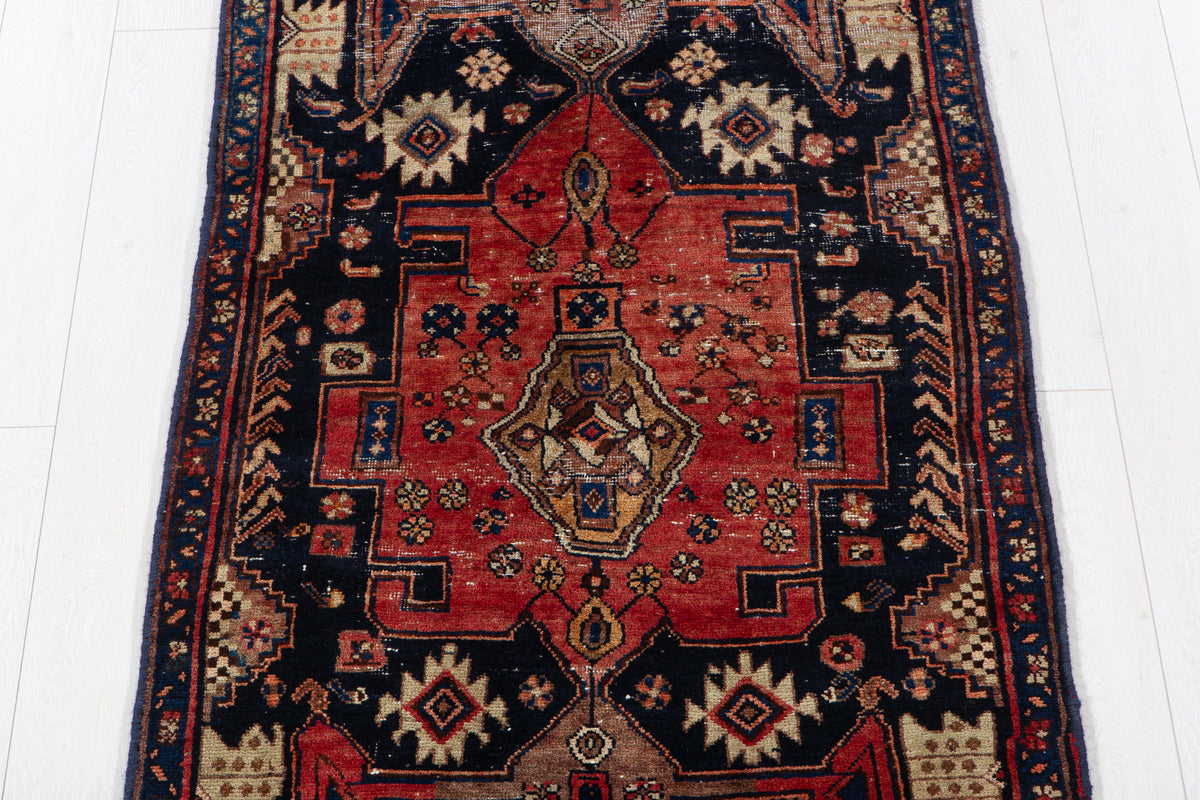 Collectible Antique Deep Navy Blue, Red Hand-Knotted Wool Rug – 7' 2" x 3' 1" (218 x 94 cm)