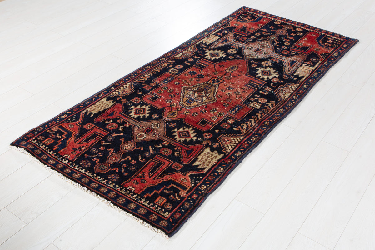 Collectible Antique Deep Navy Blue, Red Hand-Knotted Wool Rug – 7' 2" x 3' 1" (218 x 94 cm)