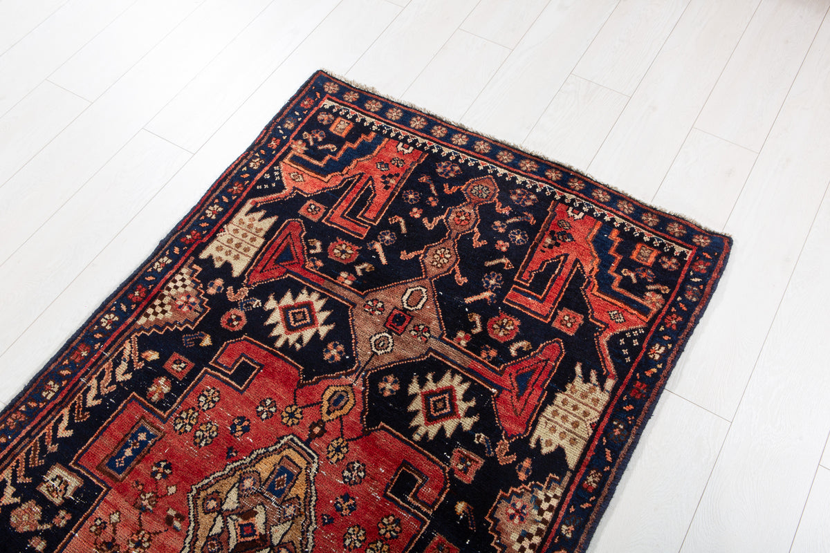 Collectible Antique Deep Navy Blue, Red Hand-Knotted Wool Rug – 7' 2" x 3' 1" (218 x 94 cm)