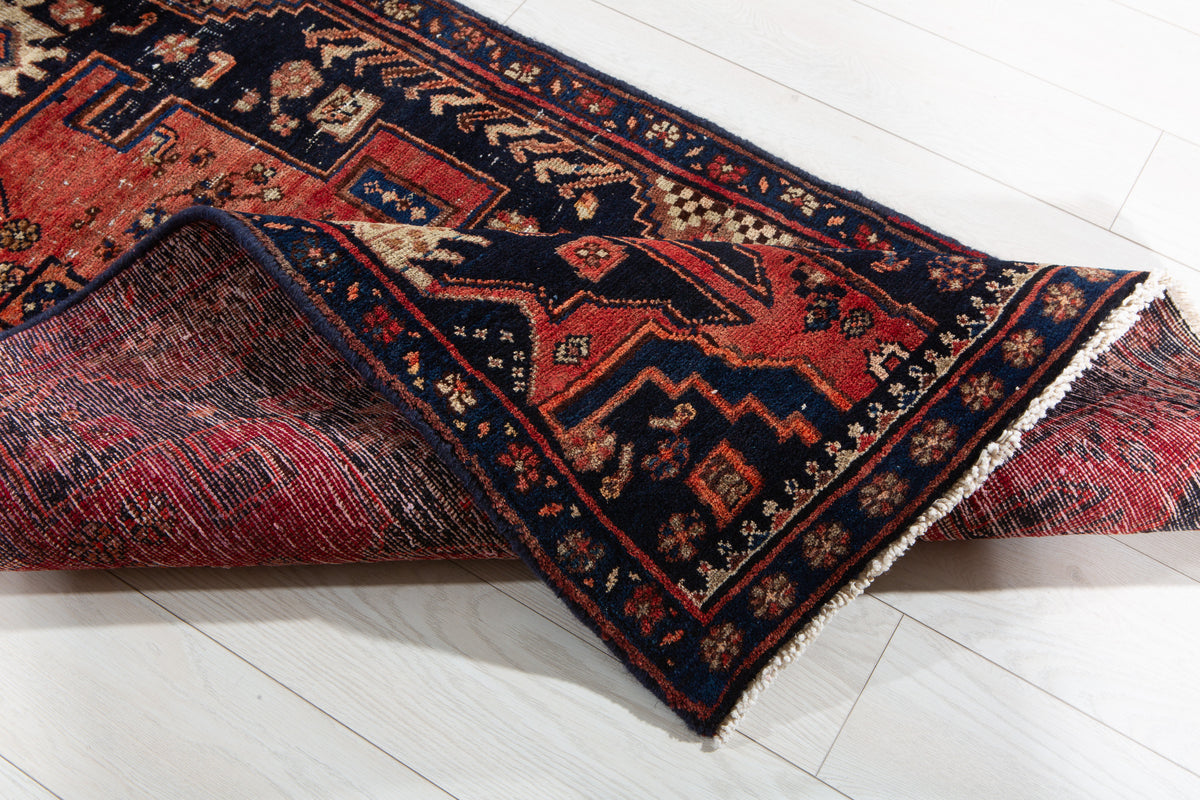 Collectible Antique Deep Navy Blue, Red Hand-Knotted Wool Rug – 7' 2" x 3' 1" (218 x 94 cm)