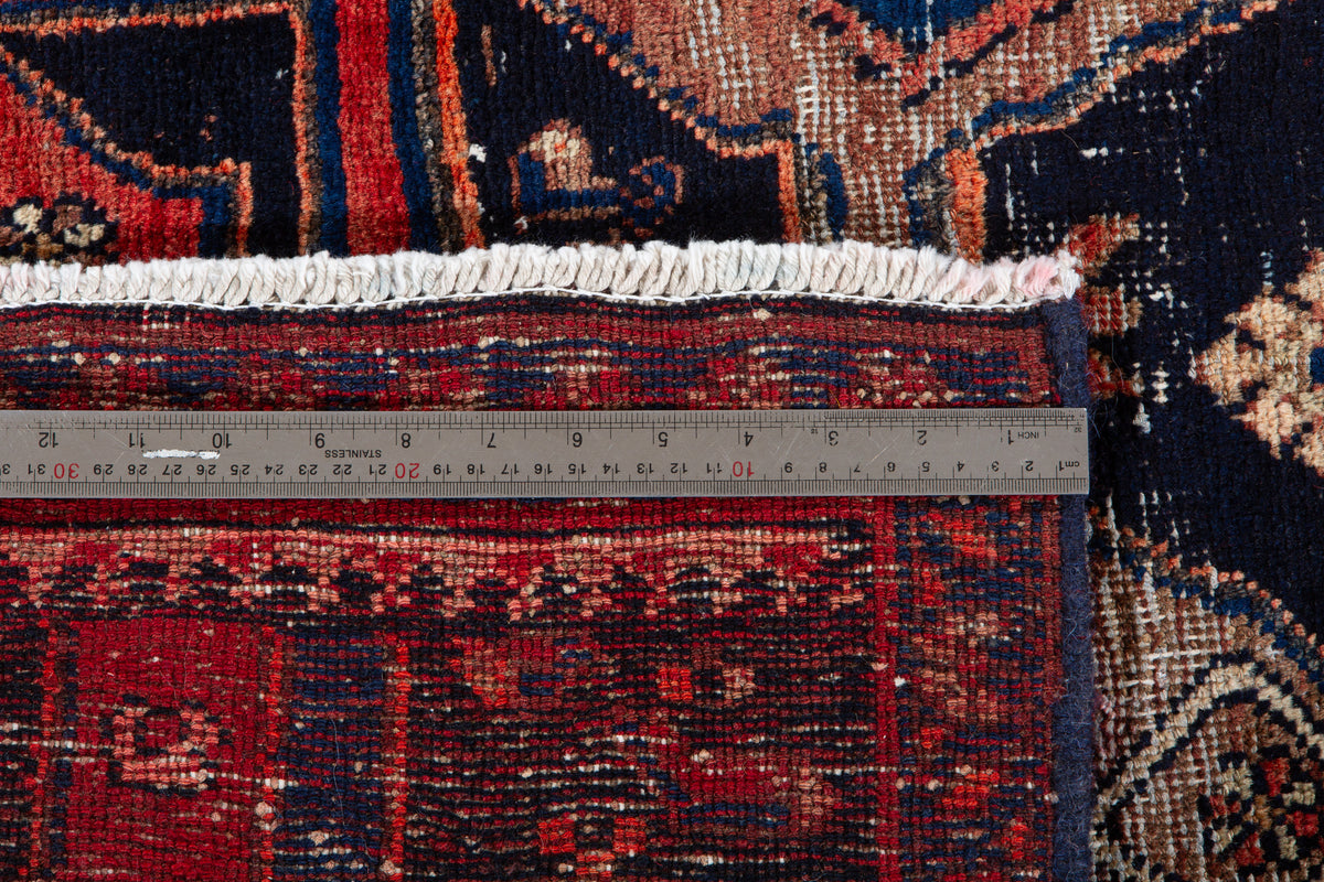Collectible Antique Deep Navy Blue, Red Hand-Knotted Wool Rug – 7' 2" x 3' 1" (218 x 94 cm)