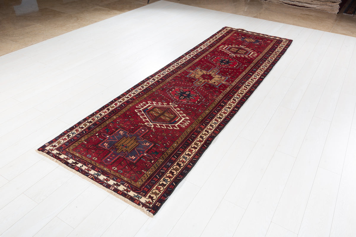 Vintage Mixed-Medallion Runner Rug, Red & Brown – 10' 8" x 3' 3" (324 x 99 cm)