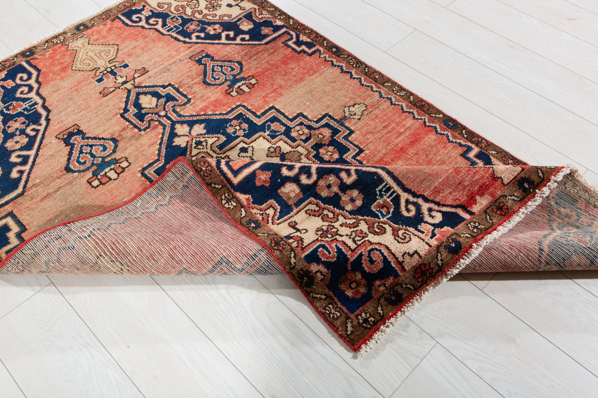 Antique Salmon Pink, Navy Blue Hand-Knotted Wool Rug – 5' 6" x 3' 4" (168 x 102 cm)