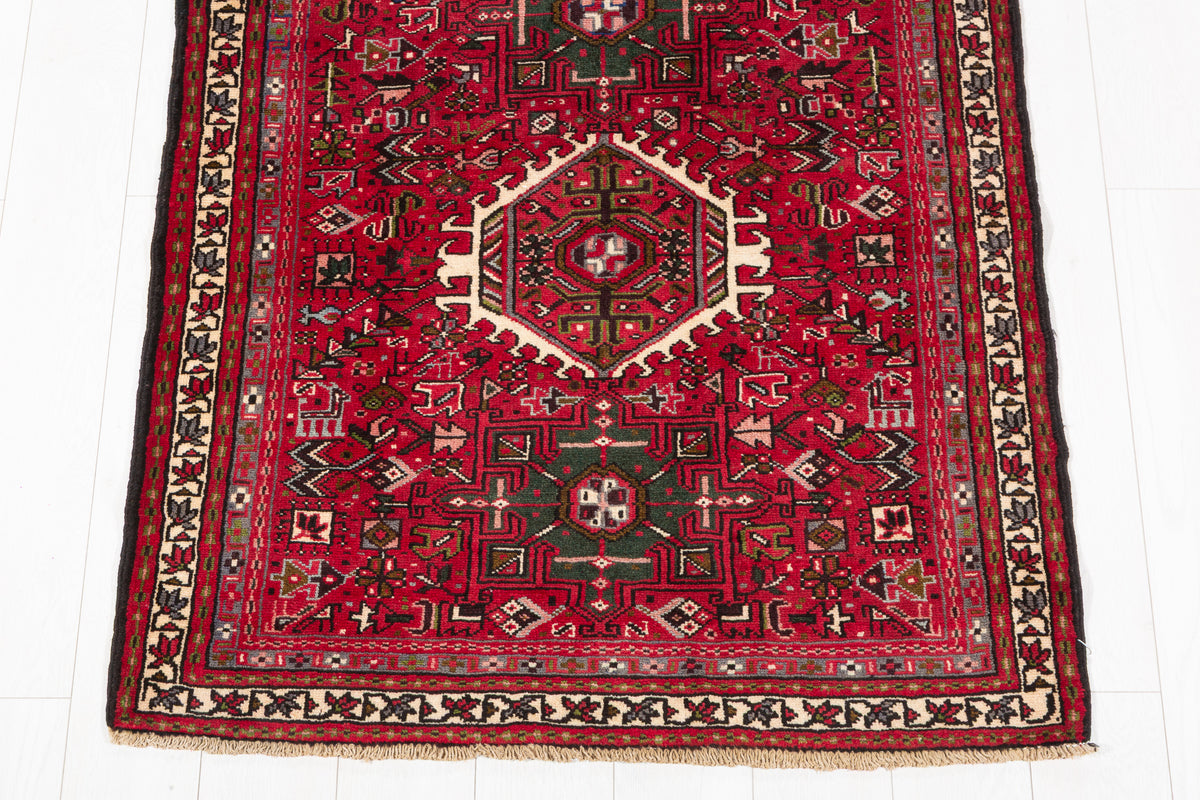 Fine Vintage 11 Geometric Medallions Runner Rug, Red & Green – 12' 6" x 3' 5" (382 x 104 cm)