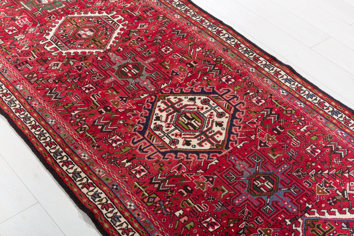 Fine Vintage 11 Geometric Medallions Runner Rug, Red & Green – 12' 6" x 3' 5" (382 x 104 cm)