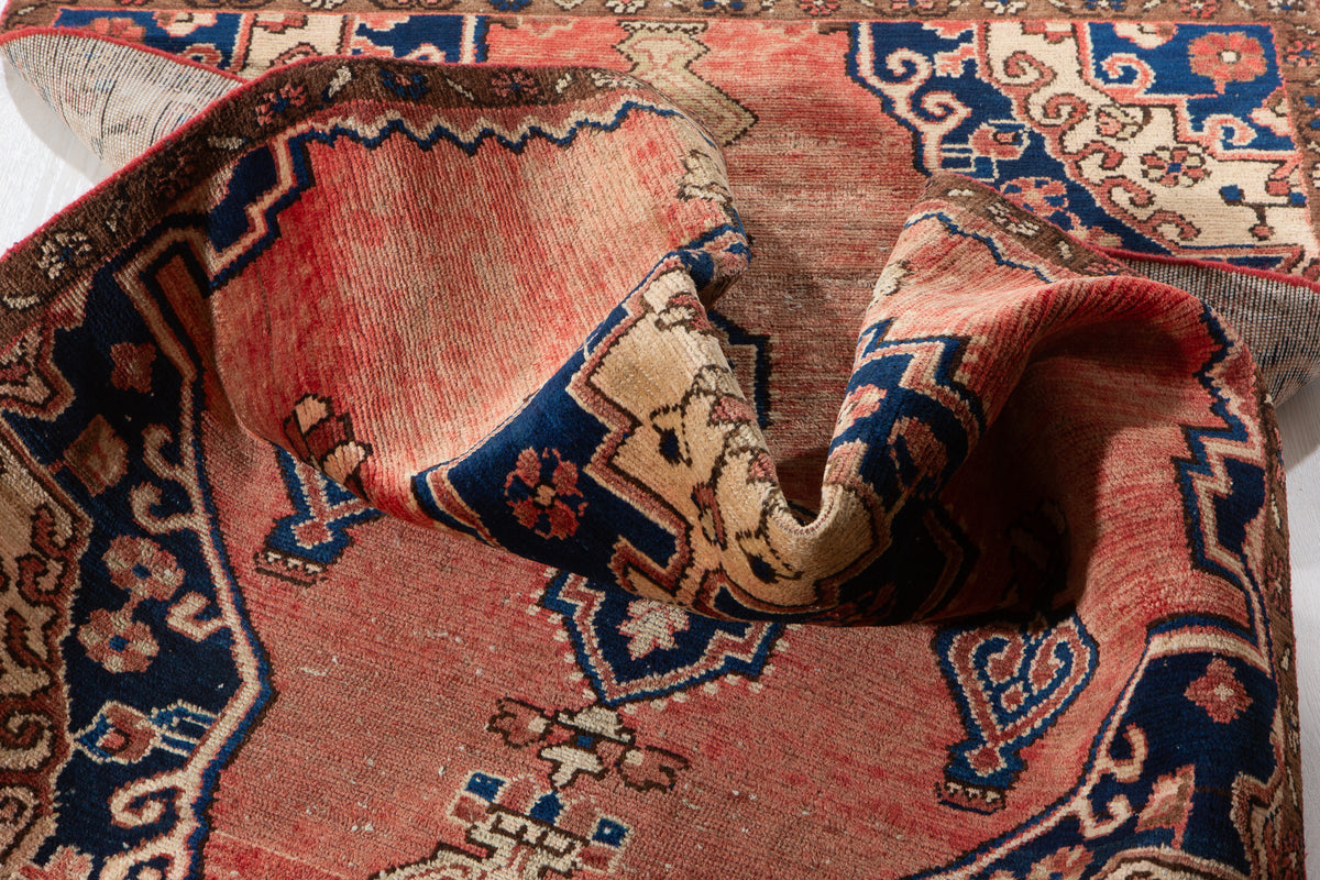 Antique Salmon Pink, Navy Blue Hand-Knotted Wool Rug – 5' 6" x 3' 4" (168 x 102 cm)