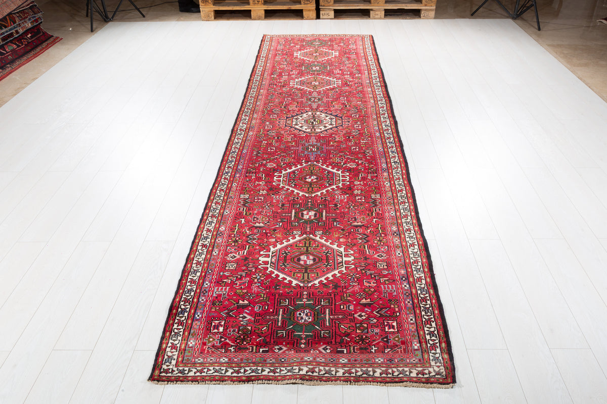 Fine Vintage 11 Geometric Medallions Runner Rug, Red & Green – 12' 6" x 3' 5" (382 x 104 cm)