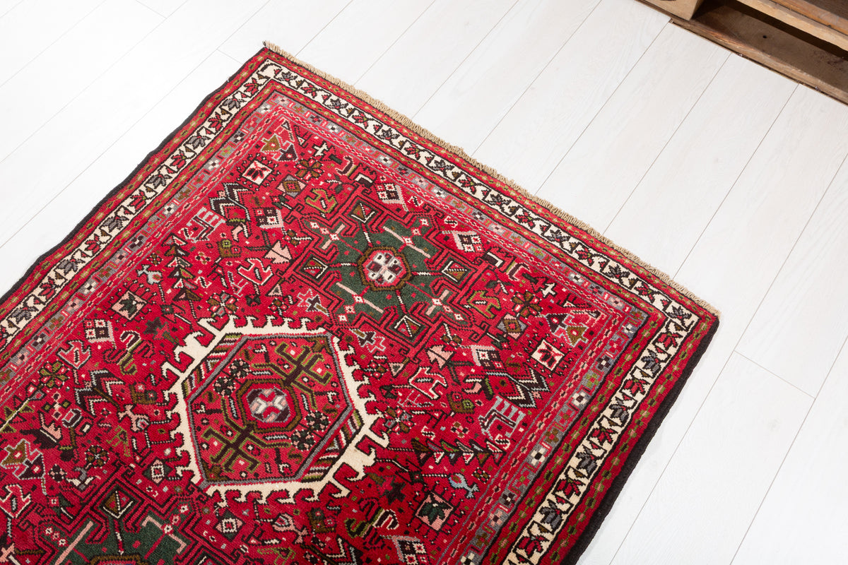 Fine Vintage 11 Geometric Medallions Runner Rug, Red & Green – 12' 6" x 3' 5" (382 x 104 cm)