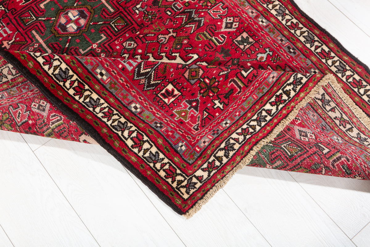 Fine Vintage 11 Geometric Medallions Runner Rug, Red & Green – 12' 6" x 3' 5" (382 x 104 cm)