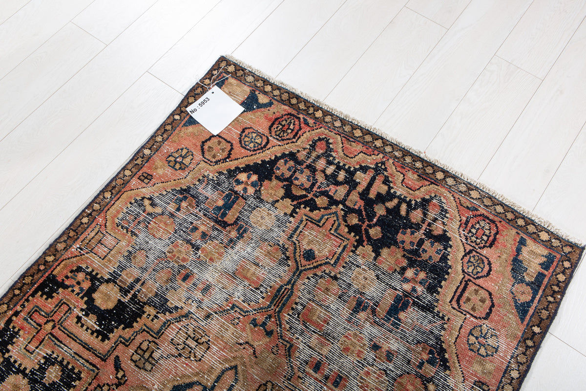 Antique Navy Blue, Peach Hand-Knotted Wool Rug – 5' 6" x 3' 4" (167 x 102 cm)