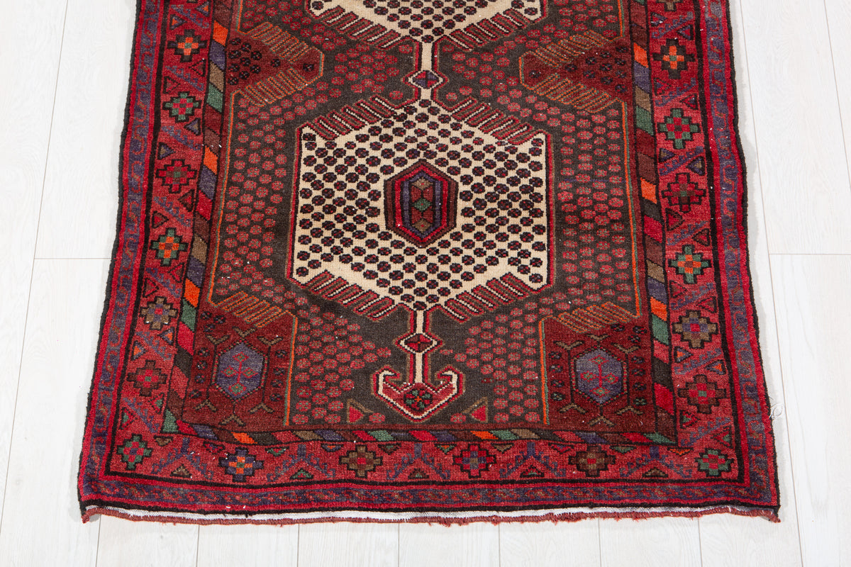 Vintage Red, Charcoal Black Hand-Knotted Wool Rug – 6' 6" x 3' 4" (197 x 101 cm)