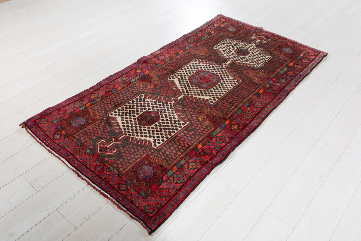 Vintage Red, Charcoal Black Hand-Knotted Wool Rug – 6' 6" x 3' 4" (197 x 101 cm)