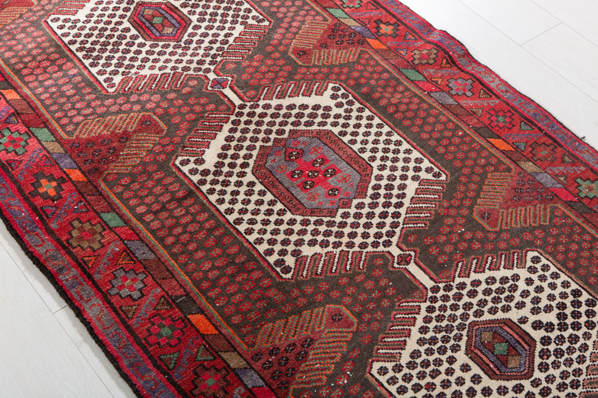 Vintage Red, Charcoal Black Hand-Knotted Wool Rug – 6' 6" x 3' 4" (197 x 101 cm)