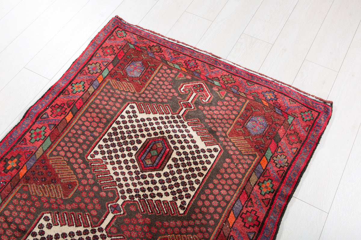 Vintage Red, Charcoal Black Hand-Knotted Wool Rug – 6' 6" x 3' 4" (197 x 101 cm)