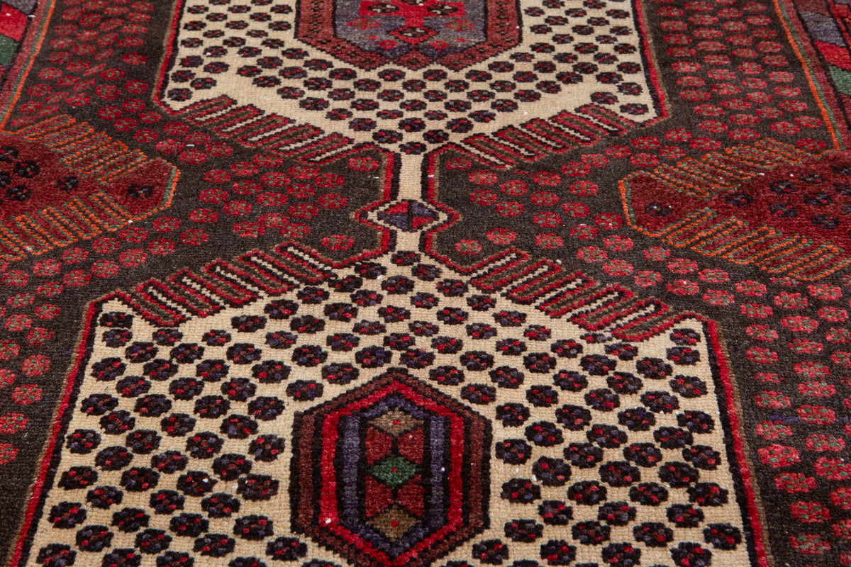 Vintage Red, Charcoal Black Hand-Knotted Wool Rug – 6' 6" x 3' 4" (197 x 101 cm)