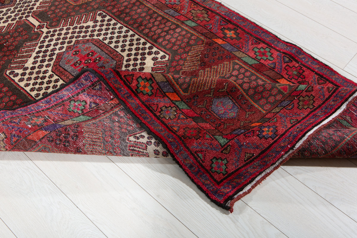 Vintage Red, Charcoal Black Hand-Knotted Wool Rug – 6' 6" x 3' 4" (197 x 101 cm)