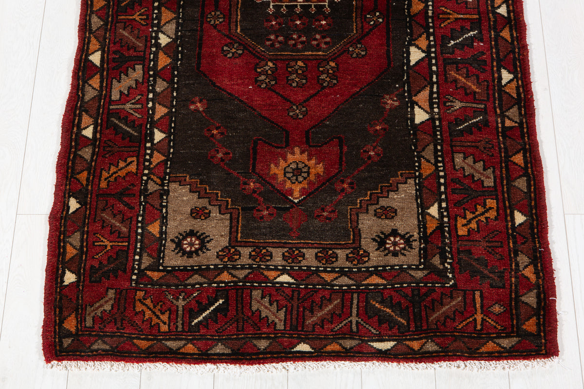 Vintage Red, Charcoal Black Hand-Knotted Wool Rug – 6' 3" x 3' 4" (190 x 102 cm)
