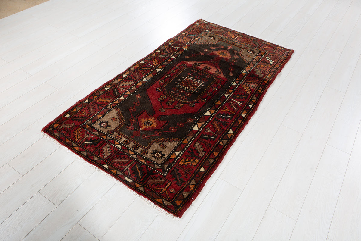 Vintage Red, Charcoal Black Hand-Knotted Wool Rug – 6' 3" x 3' 4" (190 x 102 cm)