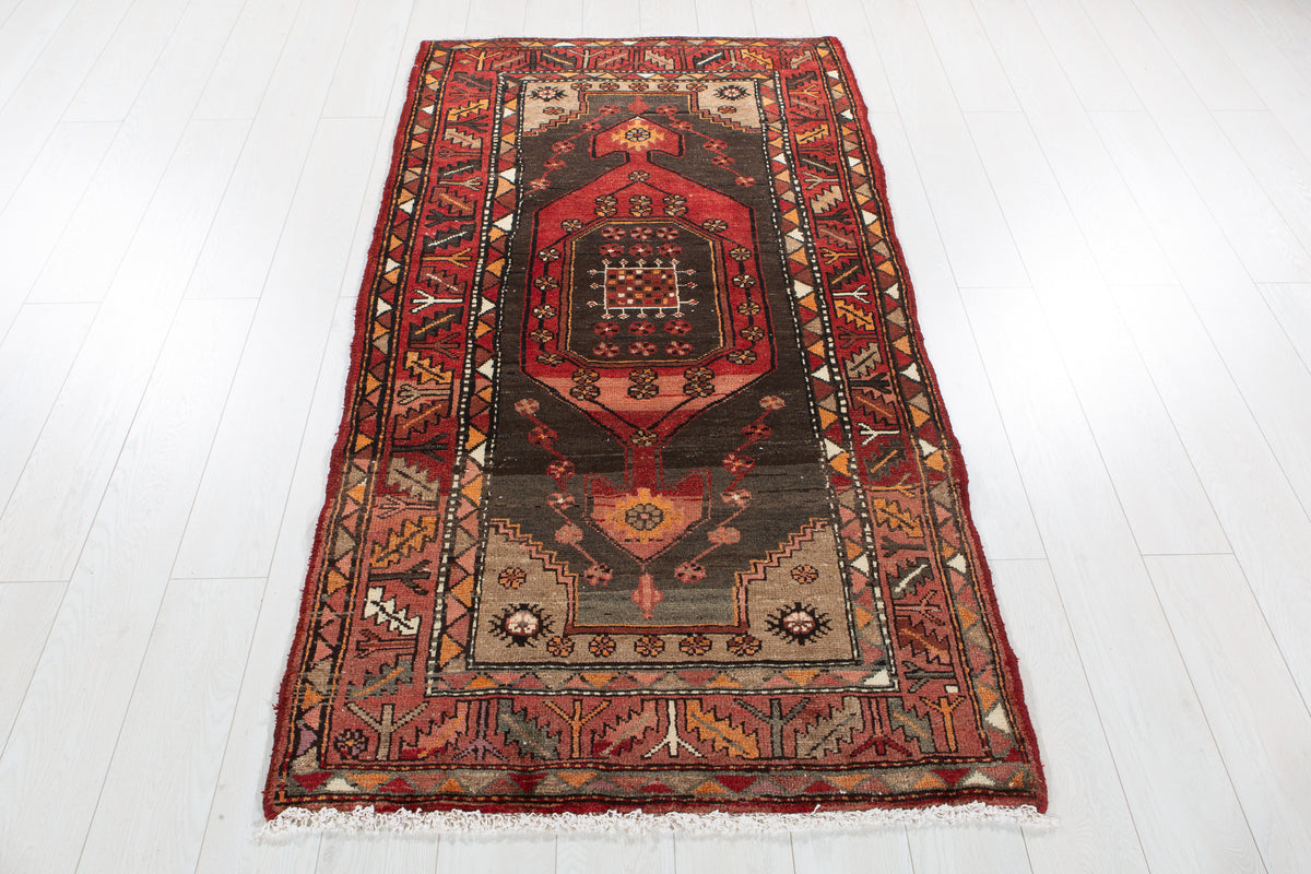 Vintage Red, Charcoal Black Hand-Knotted Wool Rug – 6' 3" x 3' 4" (190 x 102 cm)